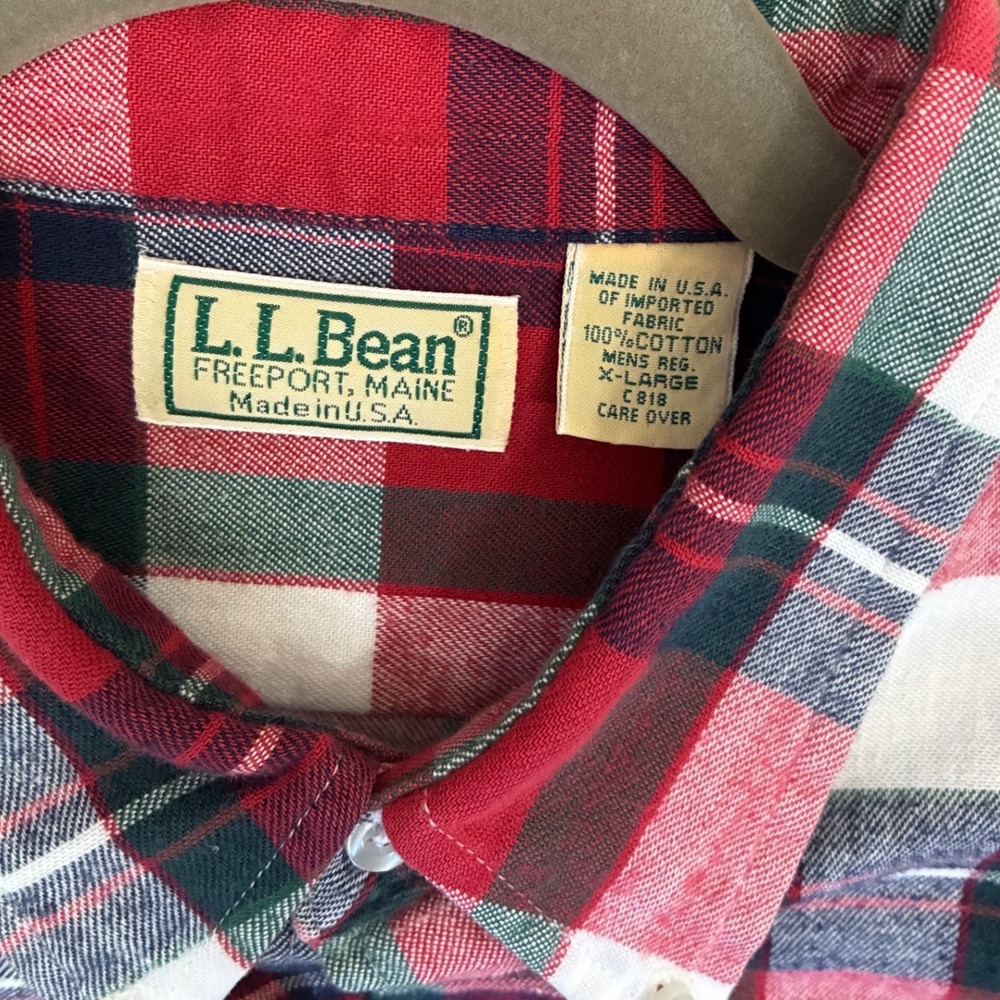 LL Bean Mens XL Plaid Button Down Shirt Red White Green Cotton Made in USA - Picture 3 of 8